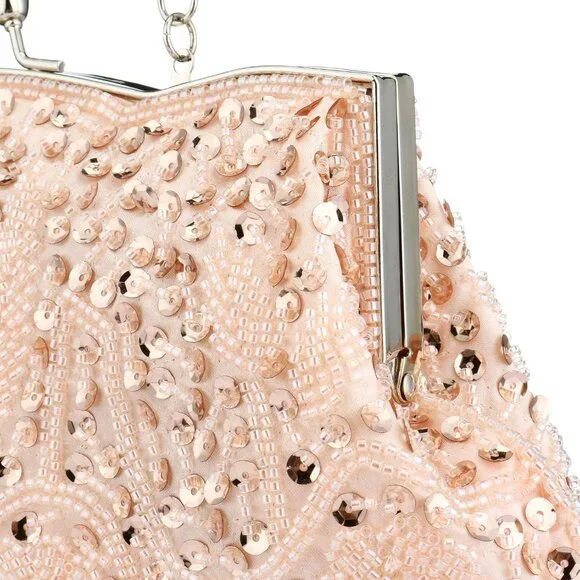 𝅺BEADED Sequin Flower Clutch Bag Champagne - Picture 4 of 8